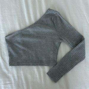 One Shoulder Ribbed Long Sleeve Crop Top